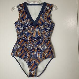 Seea one piece swimwear surf suit blue orange multicolor damask size medium